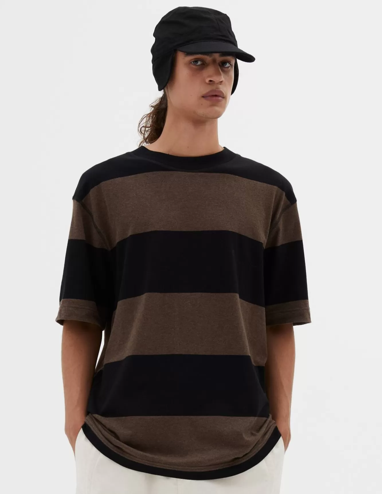 Margaret Howell MHL. BLOCK STRIPE T SHIRT BLACKBARK Cheap