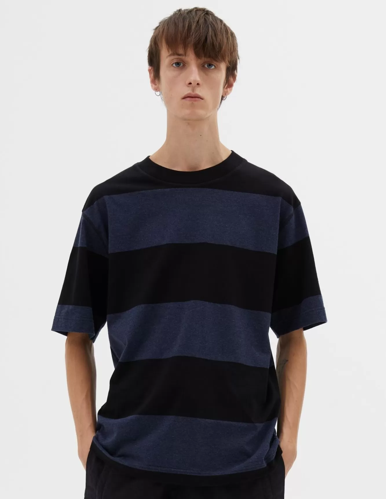 Margaret Howell MHL. BLOCK STRIPE T SHIRT BLACKBLUE MARL Flash Sale