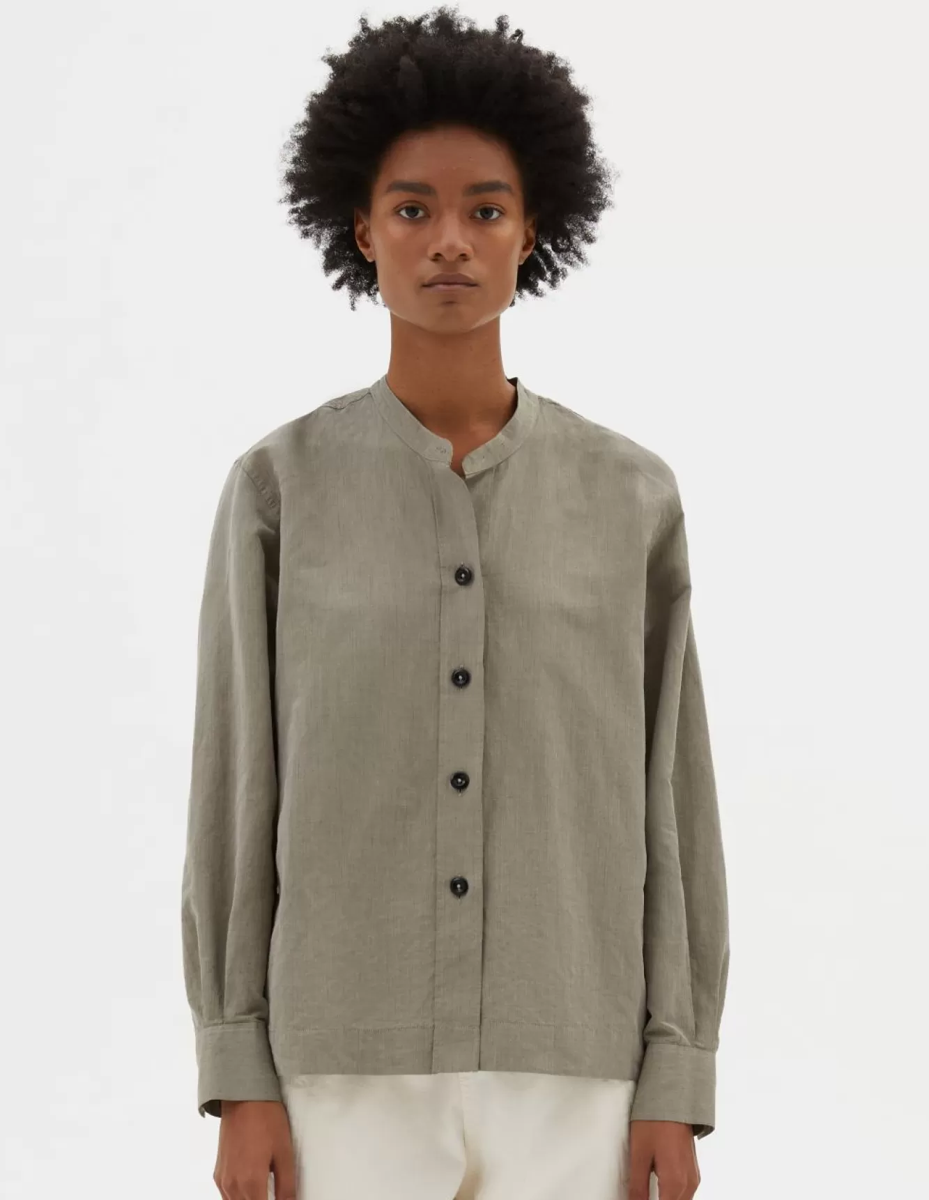 Margaret Howell MHL. BUTTON THROUGH COLLARLESS SHIRT Faded Khaki Outlet