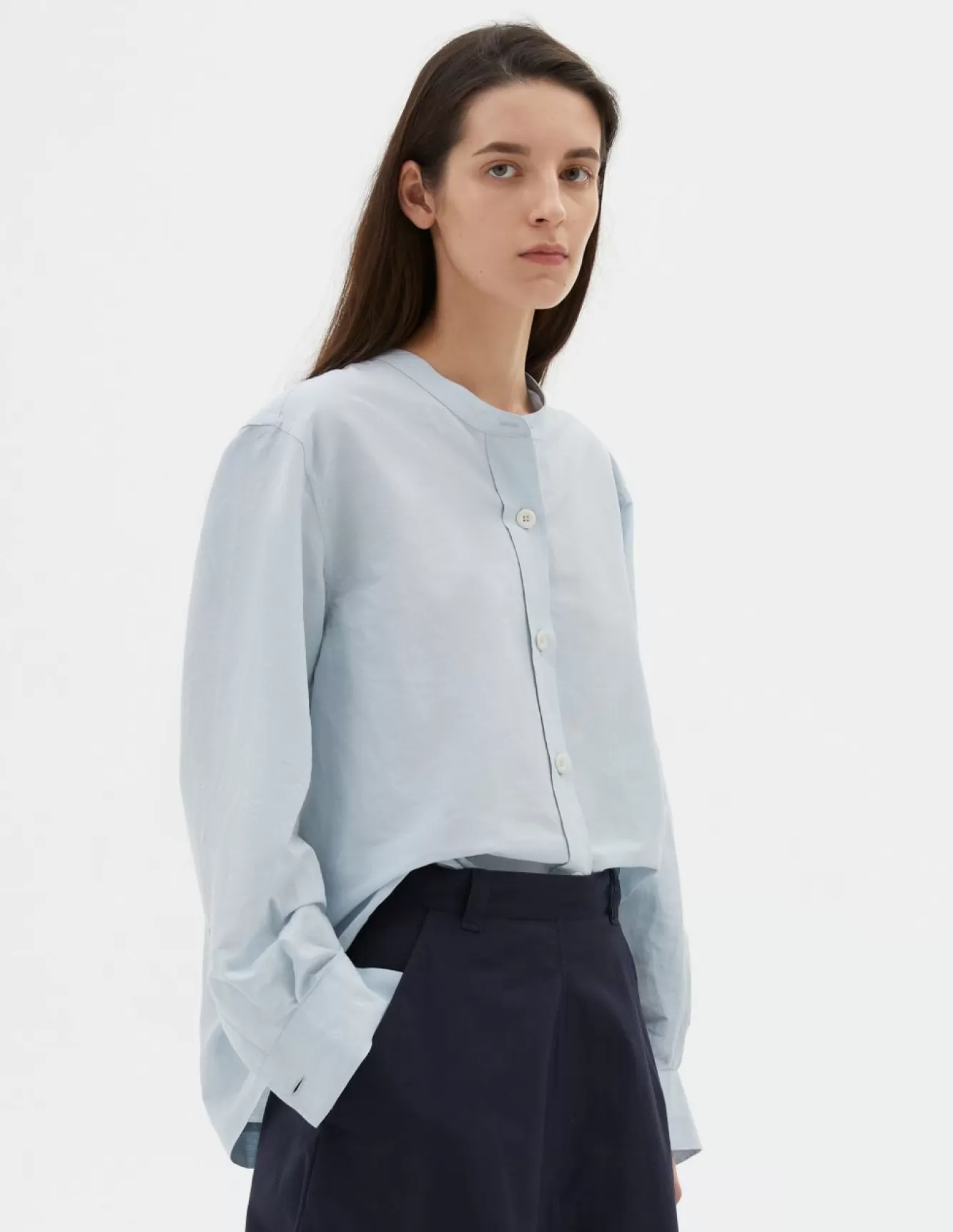 Margaret Howell MHL. BUTTON THROUGH COLLARLESS SHIRT Pale Blue Cheap