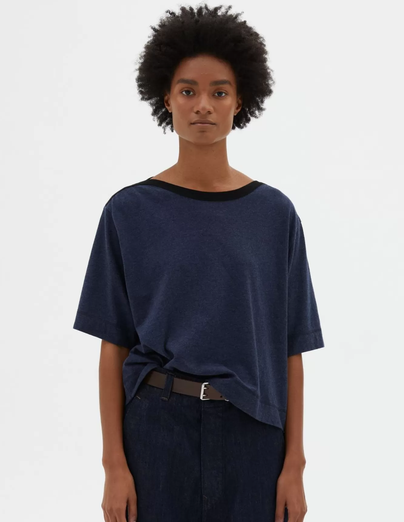 Margaret Howell MHL. OPEN NECK T SHIRT Blue Marl Shop