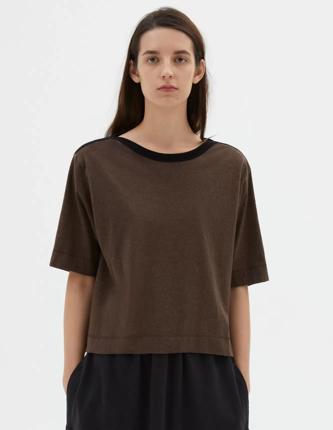 Margaret Howell MHL. OPEN NECK T SHIRT Brown Marl Cheap