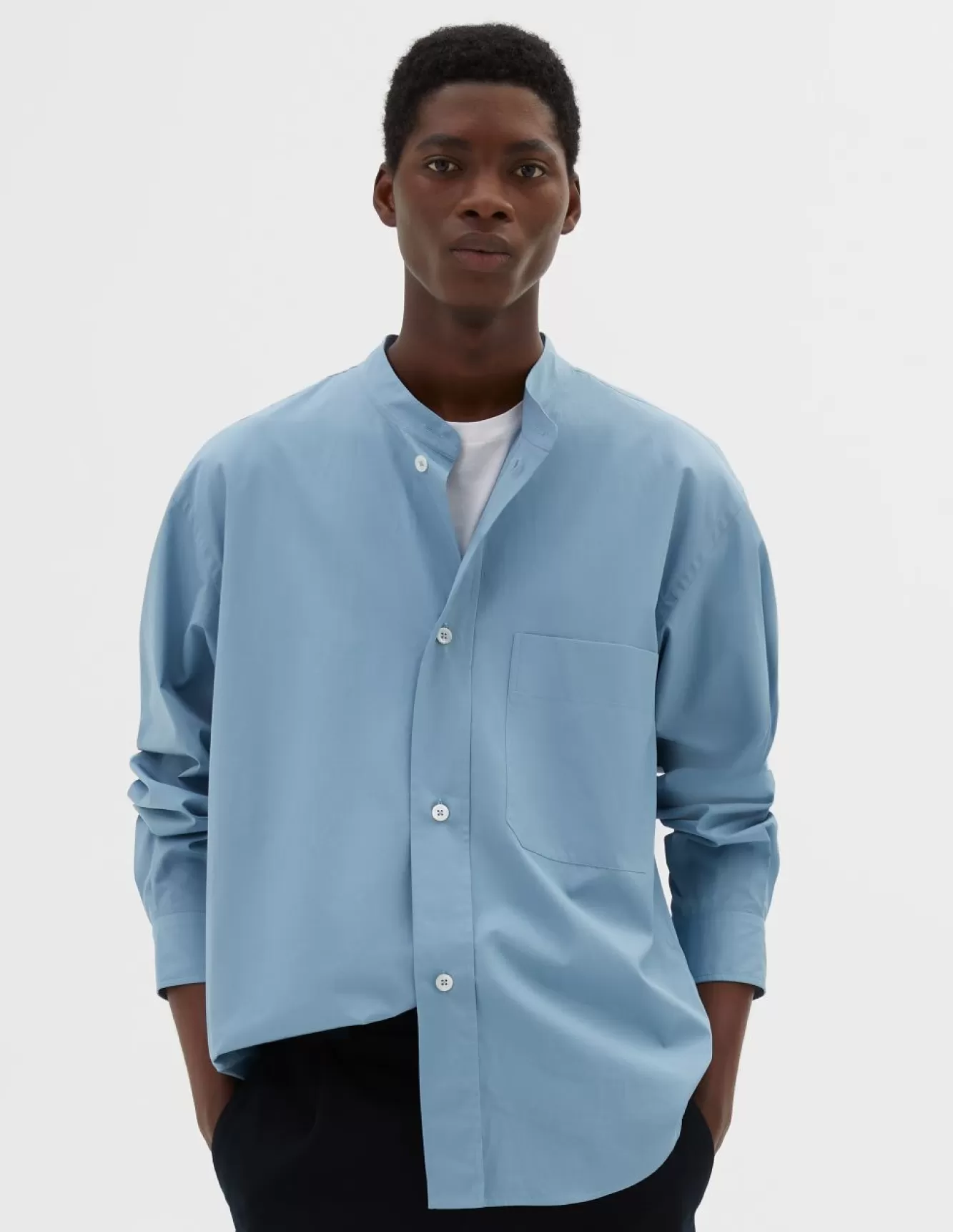 Margaret Howell OVERSIZED COLLARLESS SHIRT SKY BLUE Hot