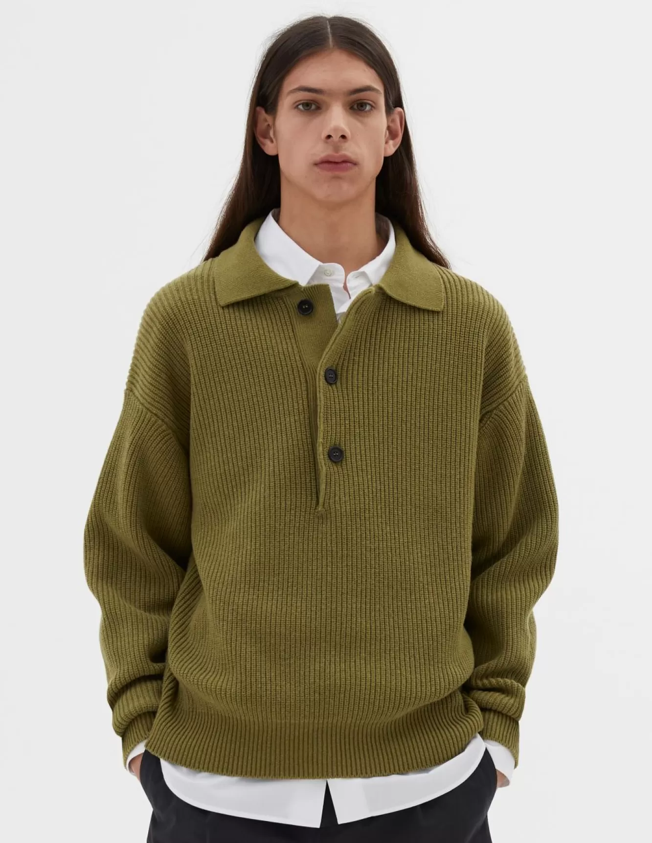 Margaret Howell RIB KNIT POLO Olive Flash Sale